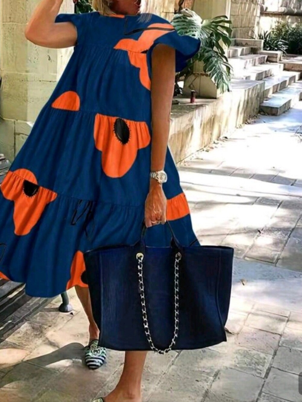 SHEIN Navy Dress with Bold Orange Floral Accents
